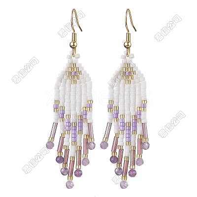 Woven Seed Beads & Natural Amethyst Tassel Dangle Earrings EJEW-FS00067-1