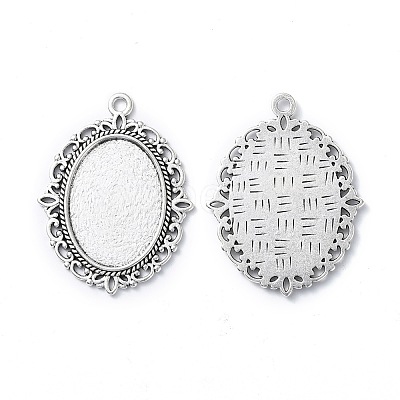 Tibetan Style Antique Silver Alloy Flat Oval Pendant Cabochon Settings TIBEP-M022-20AS-1