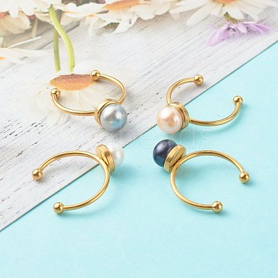 Shell Pearl Round Beads Cuff Rings RJEW-JR00375-1