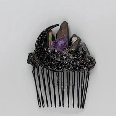 Moon Natural Raw Quartz Crystal & Amethyst Chip Combs. with Alloy Findings PW23032195272-1