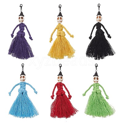 Halloween Cotton Threads Tassel & Synthetic Turquoise Skull Pendant Decorations HJEW-JM03757-1