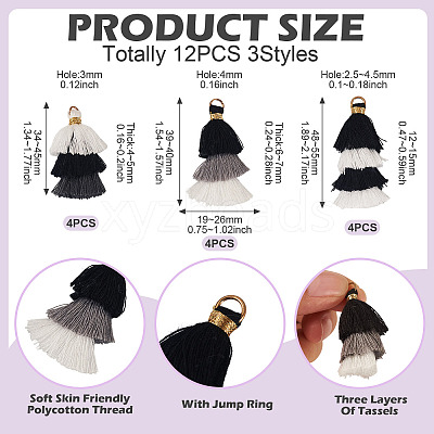 12Pcs 3 Styles Polycotton(Polyester Cotton) Tassel Pendant Decorations FIND-TA0009-05-1