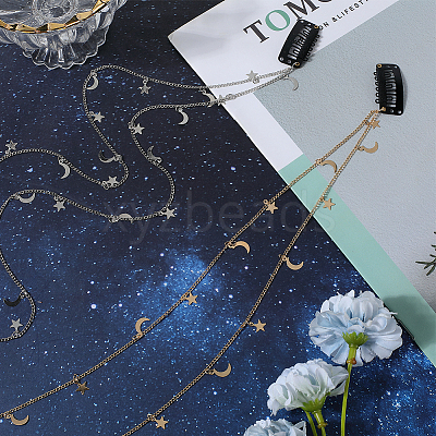 2Pcs 2 Colors Metal Hair Chain with Moon & Star Charms and Iron Hair Combs Clips OHAR-GF0001-35-1
