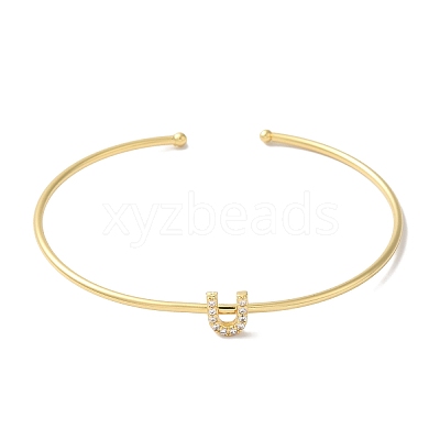 Rack Plating Brass Micro Pave Clear Cubic Zirconia Letter Open Cuff Bangles BJEW-A018-01G-U-1