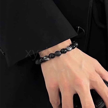 Natural Snowflake Obsidian & Lava Rock Round Beaded Stretch Bracelet GN5761-1-1