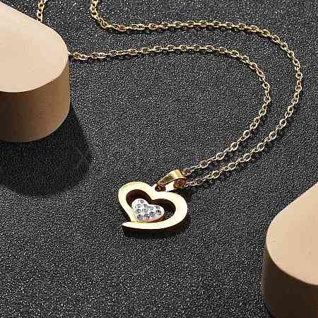 304 Stainless Steel Crystal Rhinestone Heart Pendant Cable Chain Necklaces for Women NJEW-Z056-01D-G-1