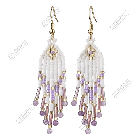 Woven Seed Beads & Natural Amethyst Tassel Dangle Earrings EJEW-FS00067-1
