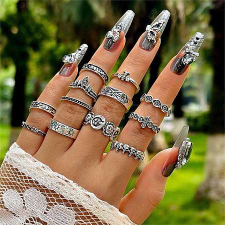 12Pcs 12 Styles Alloy Skull & Eye & Sun & Bee Finger Rings Set for Unisex PW-WG2EF13-01-1