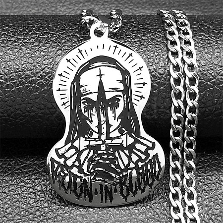 304 Stainless Steel Odin Rune Cross Nun Pendant Twisted Chain Necklaces for Men NJEW-S440-03A-AS-1