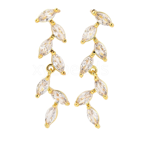 Leaf Brass Micro Pave Clear Cubic Zirconia Dangle Stud Earrings EJEW-F348-02G-1