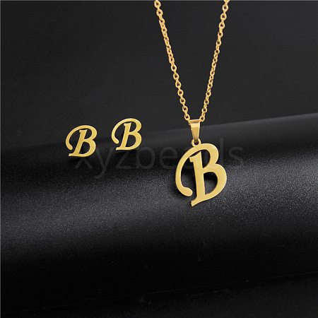 304 Stainless Steel Letter Pendant Necklaces & Stud Earrings Sets WG4BFDA-02-1