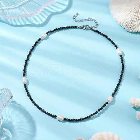 3mm Faceted Round Natural Black Spinel & Natural Cultured Freshwater Pearl Beaded Necklaces for Women NJEW-JN05108-1