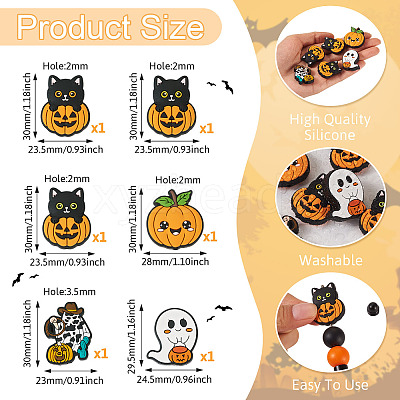 6Pcs 6 Styles Halloween Theme Silicone Focal Beads SIL-TA0002-44-1