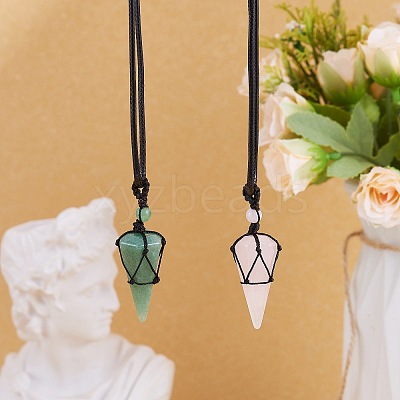 Natural Rose Quartz Cone Braided Pendant Necklace NJEW-SZ0001-59E-1