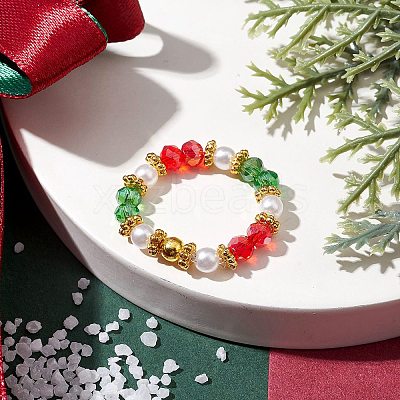 Christmas Glass & Imitated Pearl Acrylic Round Beads Finger Rings RJEW-JR00682-1