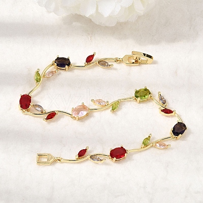 Leaf Brass Micro Pave Cubic Zirconia Link Chain Bracelets for Women BJEW-D455-01G-07-1