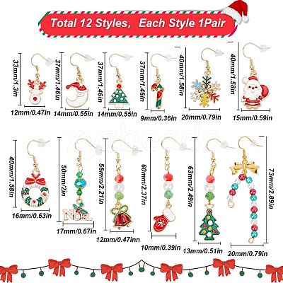 12 Pairs 12 Style Christmas Theme Alloy Dangle Earrings EJEW-SC0001-33-1