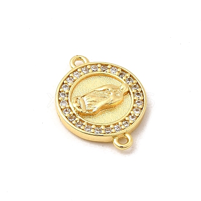 Brass Micro Pave Clear Cubic Zirconia Flat Round with Virgin Mary Connector Charms KK-C113-08G-1