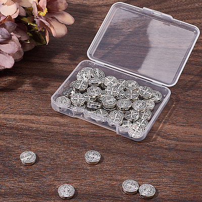 60Pcs Tibetan Style Alloy Flat Round Beads TIBEB-SC0001-58-1