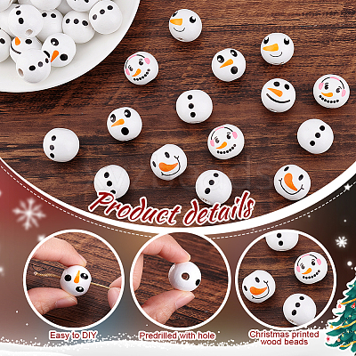 Round Christmas Snowman Print Wood European Beads WOOD-PH0003-25-1