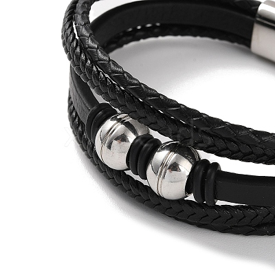 Men's Braided Black PU Leather Cord Multi-Strand Bracelets BJEW-K243-11P-1
