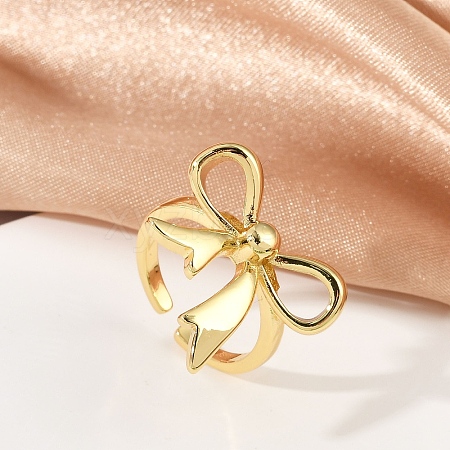 Hollow Bowknot Brass Open Cuff Rings for Women RJEW-G343-21G-1