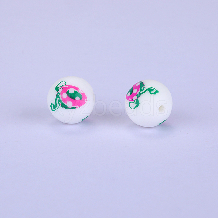 Printed Round with Egg Pattern Silicone Focal Beads SI-JX0056A-148-1