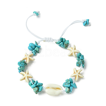 Synthetic Turquoise Starfish & Natural Shell Braided Bead Bracelets BJEW-TA00371-1