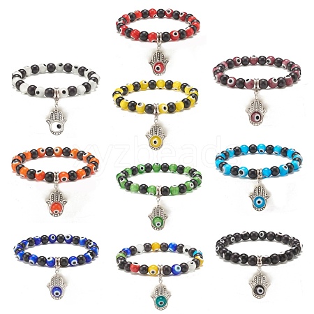 Synthetic Turquoise(Dyed) & Lampwork Evil Eye Round Beaded Stretch Bracelet with Hamsa Hand Charm for Women BJEW-JB07836-1