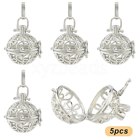 5Pcs Eco-Friendly Hollow Brass Round Cage Pendants KK-YW0003-53-1