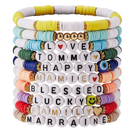 10Pcs 10 Style Encourage Word Polymer Clay Heishi Surfer Stretch Bracelets Set with Heart sgBJEW-SW00041-1