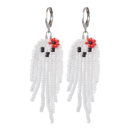 Halloween Woven MIYUKI Seed Beads Ghost Hoop Earrings EJEW-JE05854-02-1