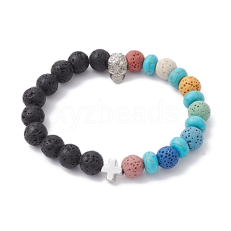 Natural Lava Rock & Synthetic Turquoise Beaded Stretch Bracelets BJEW-JB09985-01-1