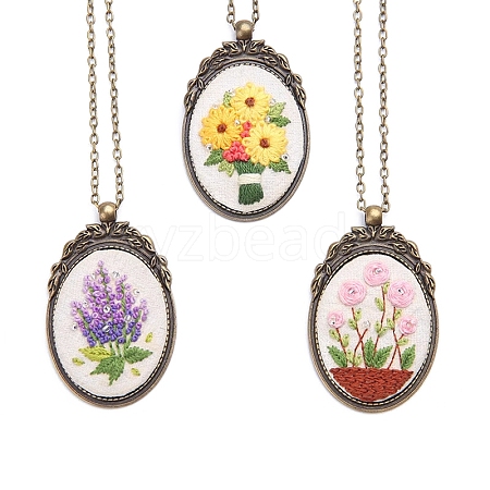 DIY Embroidery Oval with Flower Pattern Pendant Necklace Kits PW-WG69903-02-1