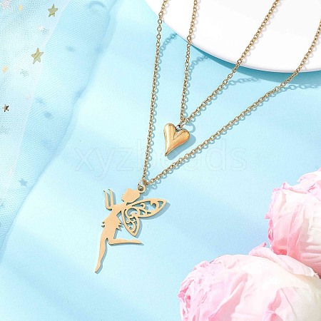 Stainless Steel Fairy and Heart Pendant 304 Stainless Steel Cable Chain Double Layer Necklaces for Women NJEW-JN05810-01-1