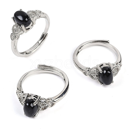 Oval Natural Dyed & Heated Black Agate Adjustable Rings RJEW-Q819-01P-09-1