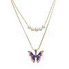 Alloy Enamel & Round Imitation Pearl Double Layered Butterfly Pendant Necklaces for Women WG304A4-01-3