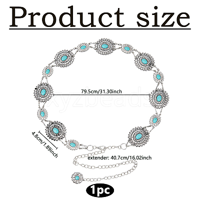 1Pc Alloy Pave Synthetic Turquoise Oval Flower Link Chain Waist Belly Body Chains for Women AJEW-DC0003-22-1
