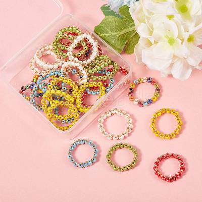 30Pcs 6 Colors Round Glass Seed Beaded Finger Rings RJEW-SZ0001-01-1