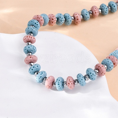 Dyed Natural Lava Rock & Synthetic Non-magnetic Hematite Rondelle Beaded Necklaces NJEW-H054-01P-1