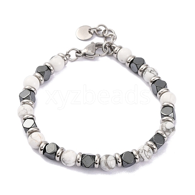 Natural Howlite & Magnetic Synthetic Hematite Round Beaded Bracelet X-BJEW-P339-02P-06-1