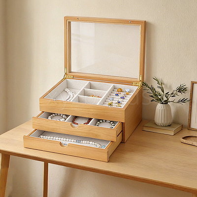 3-Tier Pine Wood Jewelry Storage Drawer Boxes with Visible Window CON-WH0095-222-1