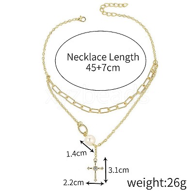 Alloy & Round Imitation Pearl Cross Pendant Double Layer Necklaces for Women FS-WGA4DD0-06-1