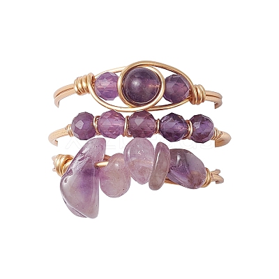 3Pcs Natural Amethyst Bead Finger Ring RJEW-JR00855-02-1
