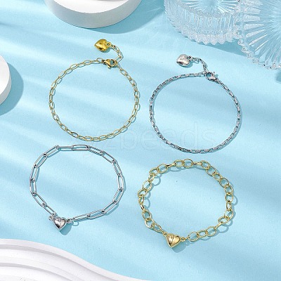 4Pcs 4 Style Brass and 304 Stainless Steel Paperclip  Chain Bracelets Sets BJEW-JB11050-1