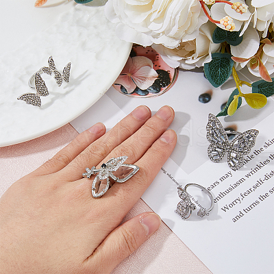 4Pcs 4 Style Rhinestone Butterfly Open Cuff Rings Set RJEW-FI0001-14-1