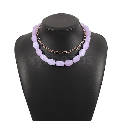 Opaque Resin Oval Beaded Alloy Paperclip Chain Double Layer Necklaces FS-WG06472-01-1