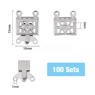 100 Sets 2-Strands 4-Holes 304 Stainless Steel Box Clasps STAS-DC0012-94-1