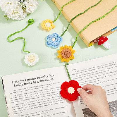 6Pcs 6 Styles Flower & Mushroom & Leaf Handmade Woven Woolen Yarn Bookmarks HJEW-HY0001-19-1
