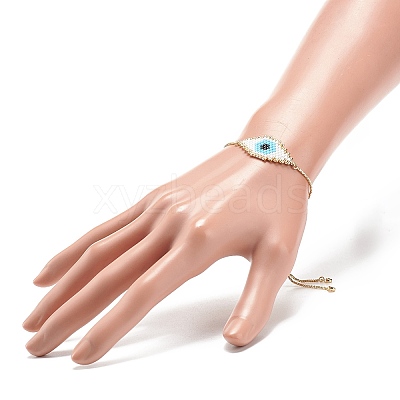 Japanese Seed Braided Rhombus with Evil Eye Link Slider Bracelet BJEW-MZ00001-02-1
